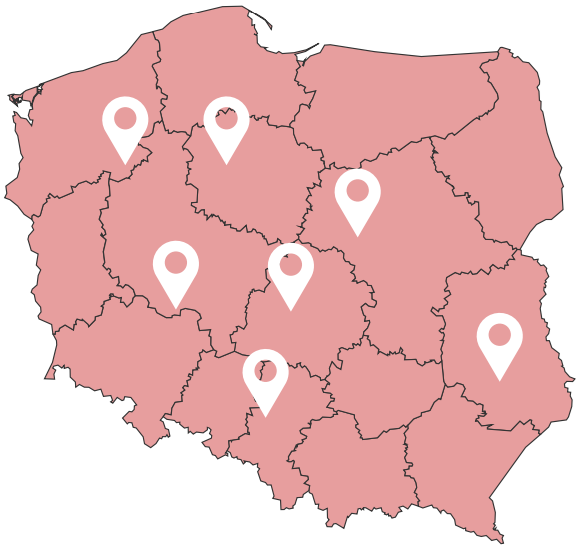 Mapa Polski z zaznaczonymi gabinetami Przyjaznego Dietetyka